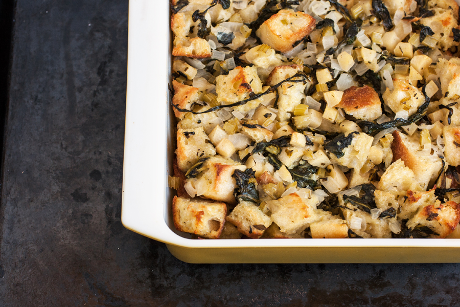 Chard Apple Stuffing -- from The 8x8 Cookbook, by Kathy Strahs (Burnt Cheese Press, 2015)